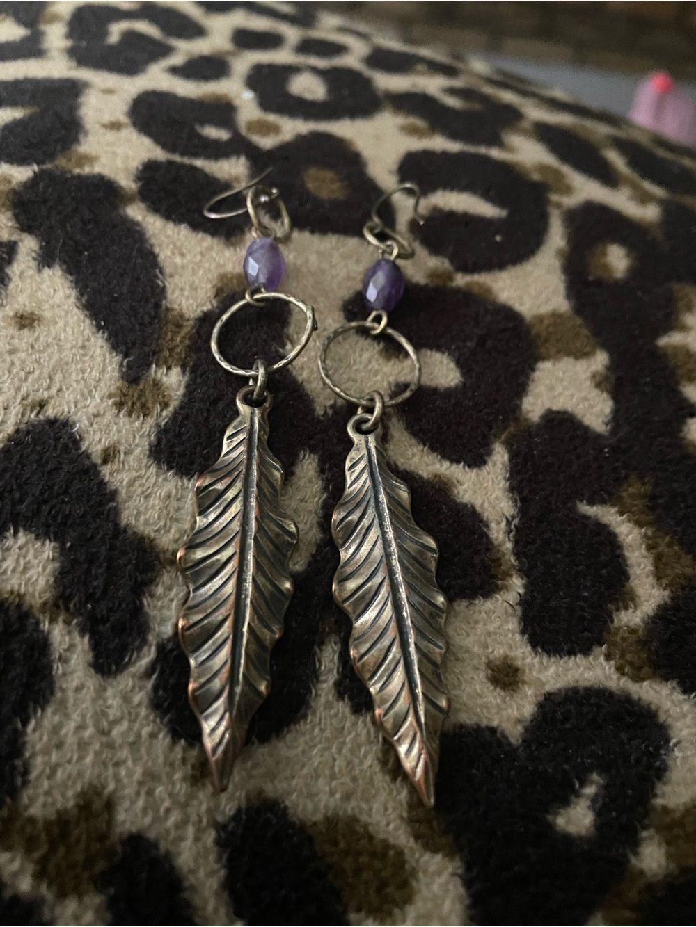 Lucky Brand Silver-Tone Feather Dangle Earrings with Purple Beads Vintage